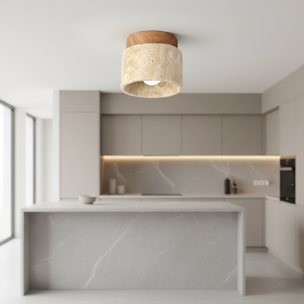 RoyaleGlow Japandi Travertine Wood LED Flush Mount Ceiling Light - Modern Minimalist
