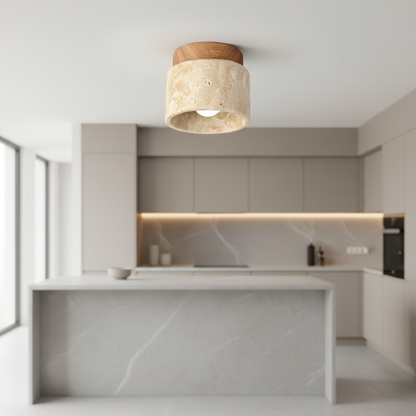 RoyaleGlow Japandi Travertine Wood LED Flush Mount Ceiling Light - Modern Minimalist