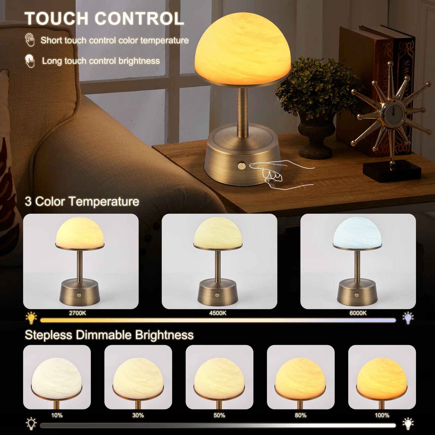 Royelux Rechargeable Alabaster Table Lamp - Cordless Touch Control LED Bedside Light