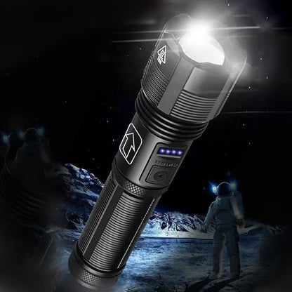 Ultra-bright 90,000-lumen rechargeable LED flashlight with adjustable zoom, 5 light modes, and IPX8 waterproof design. Durable aluminum alloy body, USB charging, and long battery life for outdoor and emergency use.