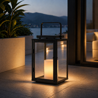 H12 Inch Modern Solar Outdoor Lantern with Flickering LED Candle Black Metal Lantern with Tempered Glass, Minimalist Decorative Lantern for Patio Porch Garden 1