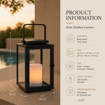 H12 Inch Modern Solar Outdoor Lantern with Flickering LED Candle Black Metal Lantern with Tempered Glass, Minimalist Decorative Lantern for Patio Porch Garden 2