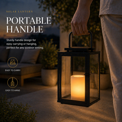 H12 Inch Modern Solar Outdoor Lantern with Flickering LED Candle Black Metal Lantern with Tempered Glass, Minimalist Decorative Lantern for Patio Porch Garden 3