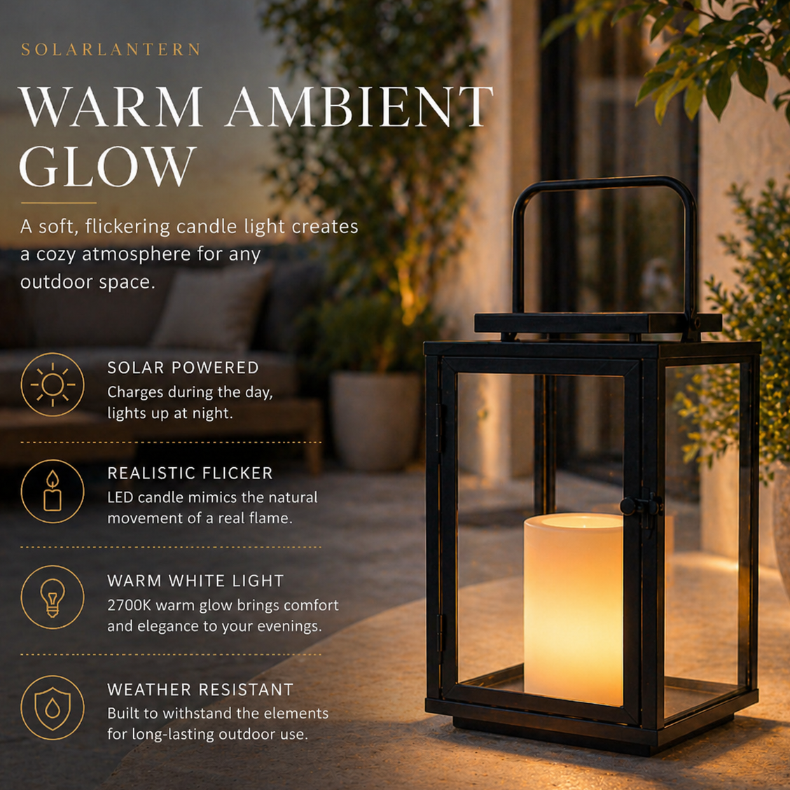 H12 Inch Modern Solar Outdoor Lantern with Flickering LED Candle Black Metal Lantern with Tempered Glass, Minimalist Decorative Lantern for Patio Porch Garden 4