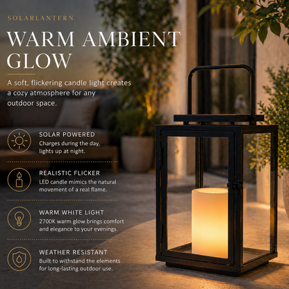 H12 Inch Modern Solar Outdoor Lantern with Flickering LED Candle Black Metal Lantern with Tempered Glass, Minimalist Decorative Lantern for Patio Porch Garden 4