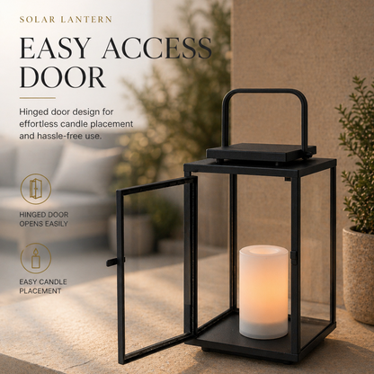 H12 Inch Modern Solar Outdoor Lantern with Flickering LED Candle Black Metal Lantern with Tempered Glass, Minimalist Decorative Lantern for Patio Porch Garden 6