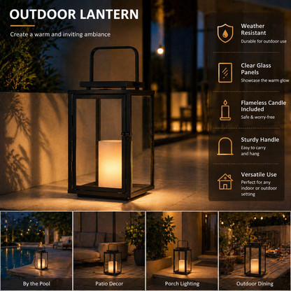 H12 Inch Modern Solar Outdoor Lantern with Flickering LED Candle Black Metal Lantern with Tempered Glass, Minimalist Decorative Lantern for Patio Porch Garden 7
