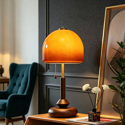 RoyaleGlow Mid-Century Modern Wood Table Lamp with Amber Dome Shade