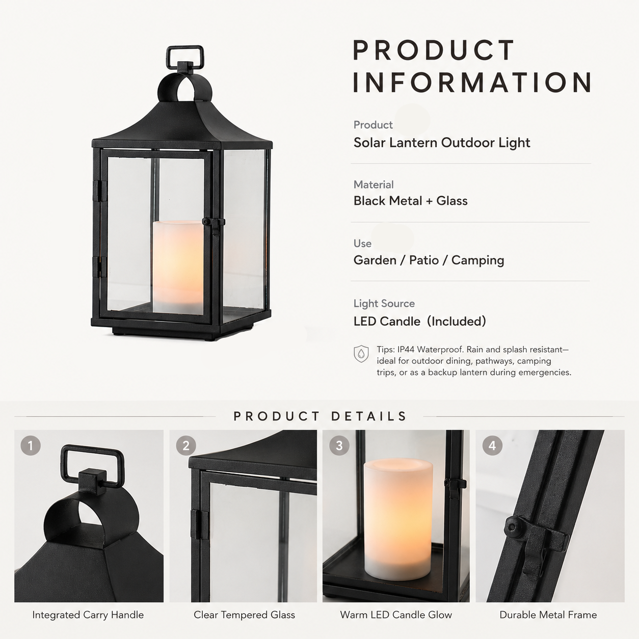 H14 Inch Classic Farmhouse Outdoor Solar Lantern with Flickering LED Candle Black Metal Decorative Lantern with Tempered Glass Hanging Lantern for Patio Porch Garden Table 2