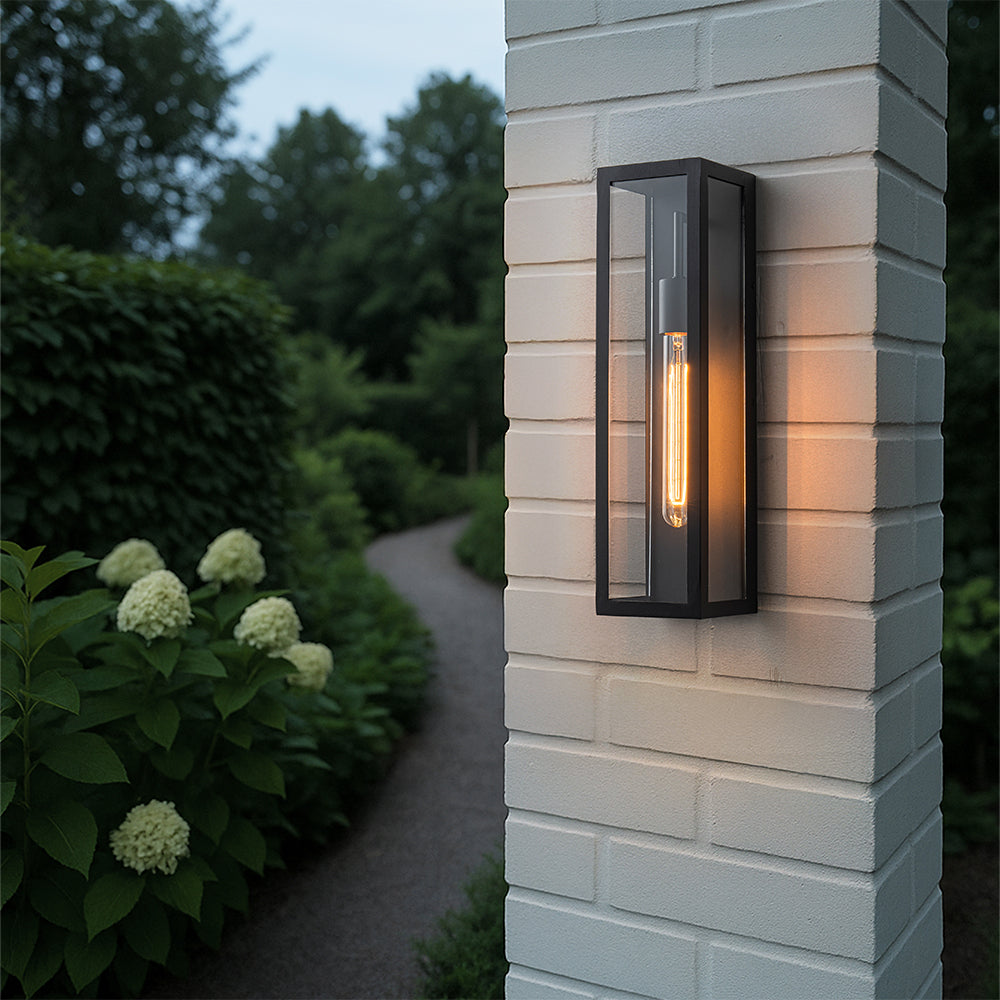 H18" 1-Light Modern Minimalist Black Outdoor Wall Lantern with Clear Glass Dusk to Dawn Outdoor Exterior Wall Light Open Bottom Wall Sconce for Porch Garage Entryway 1