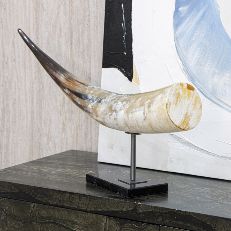 RoyaleGlow Natural Ox Horn Sculpture on Marble Base- Handcrafted Luxury Modern Decor