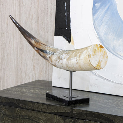 RoyaleGlow Natural Ox Horn Sculpture on Marble Base- Handcrafted Luxury Modern Decor