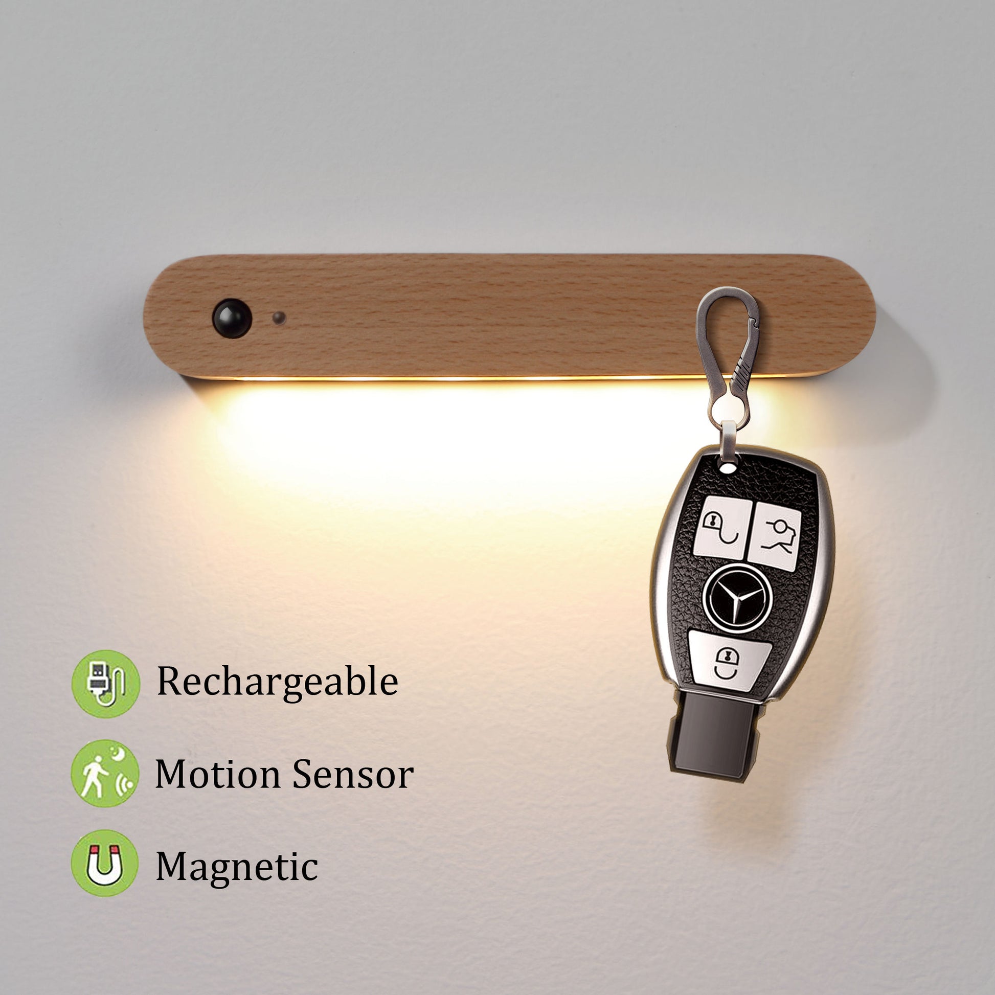 Royaleva Natural Wood Magnetic Key Holder Motion Sensor LED Wall Light