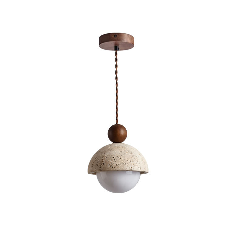 RoyaleGlow Natural Travertine Stone Pendant Light With Wood Accent