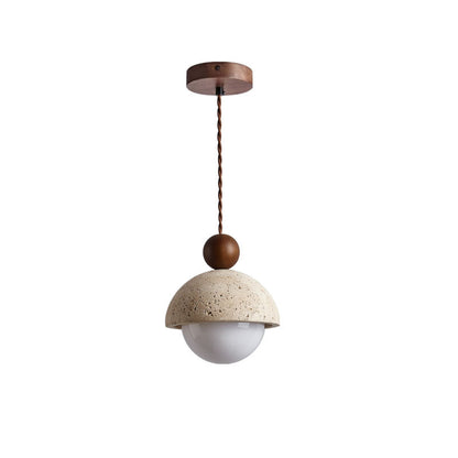 RoyaleGlow Natural Travertine Stone Pendant Light With Wood Accent