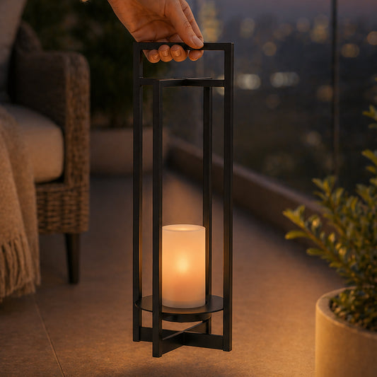 H24" Solar-Powered Outdoor Lantern with Flickering LED Candle Automatic Dusk-to-Dawn Light Weather-Resistant Black Metal Frame 1