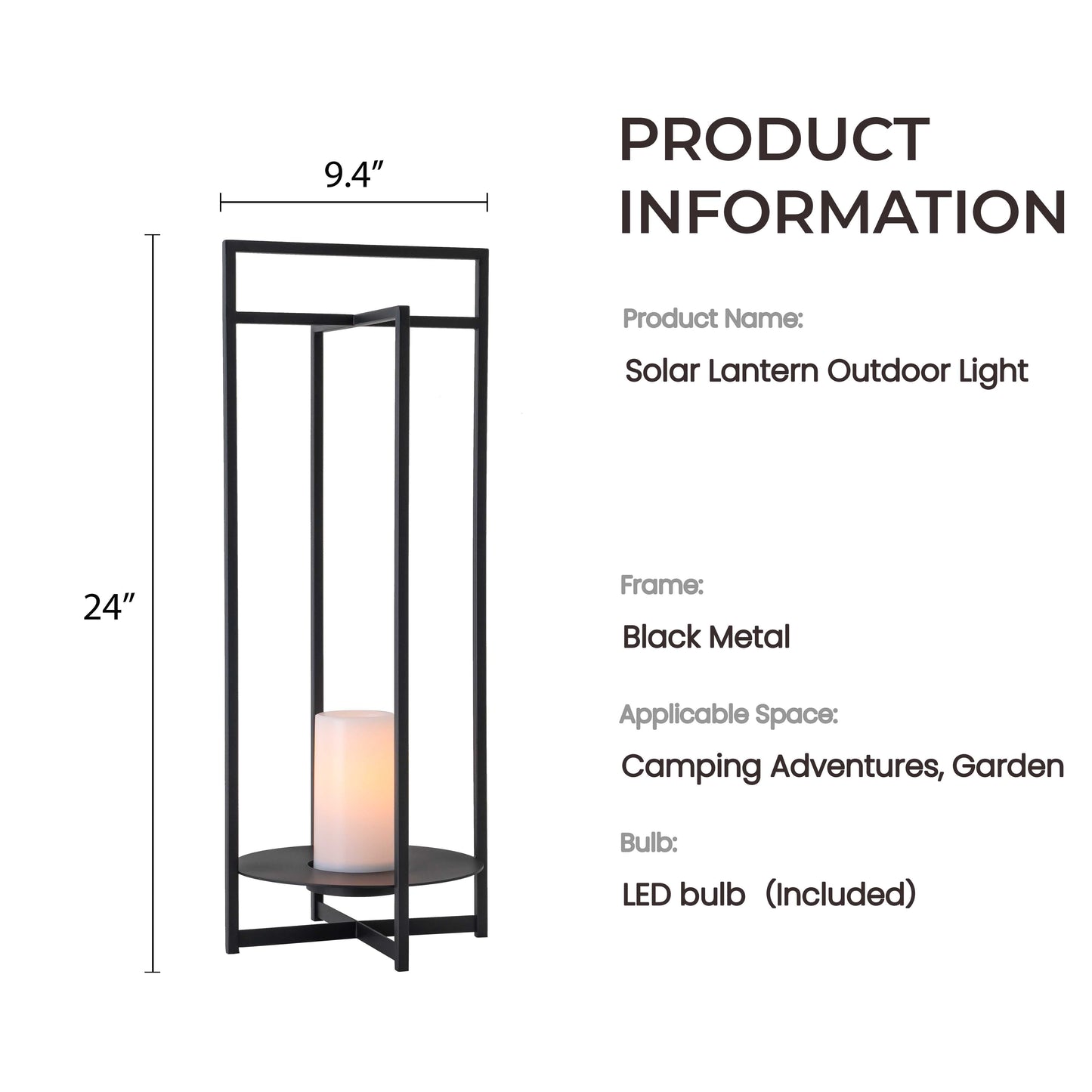 H24" Solar-Powered Outdoor Lantern with Flickering LED Candle Automatic Dusk-to-Dawn Light Weather-Resistant Black Metal Frame 2