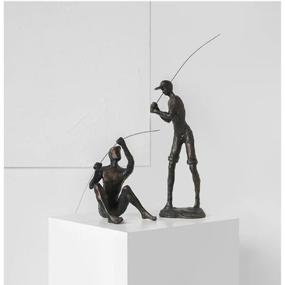 Royelux Bronze Fisherman Statue - Handcrafted Fishing Art Figurine for Decor