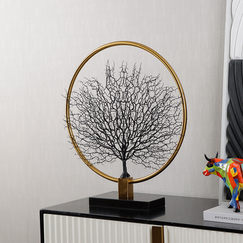 RoyaleGlow Vintage Style Tabletop Tree Sculpture - Gold Ring & Metal Silhouette Art