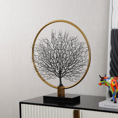 RoyaleGlow Vintage Style Tabletop Tree Sculpture - Gold Ring & Metal Silhouette Art