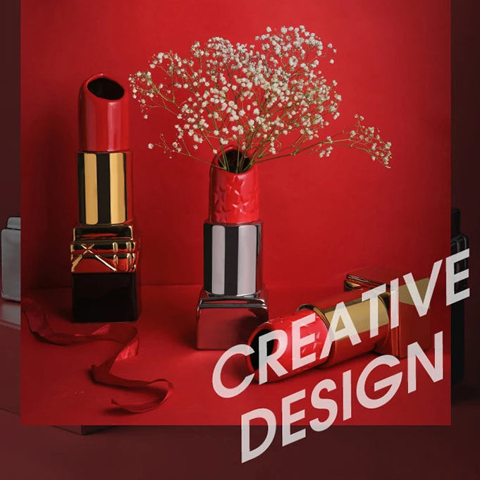RoyaleGlow Lipstick Decor Vase - Chic Red Lip Cosmetic Home Accent, 26cm