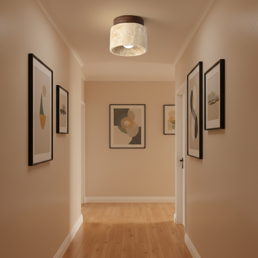 RoyaleGlow Japandi Travertine Wood LED Flush Mount Ceiling Light - Modern Minimalist