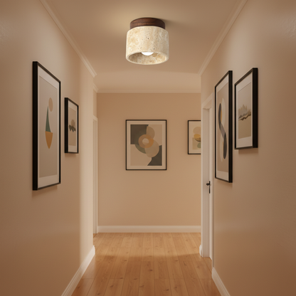 RoyaleGlow Japandi Travertine Wood LED Flush Mount Ceiling Light - Modern Minimalist