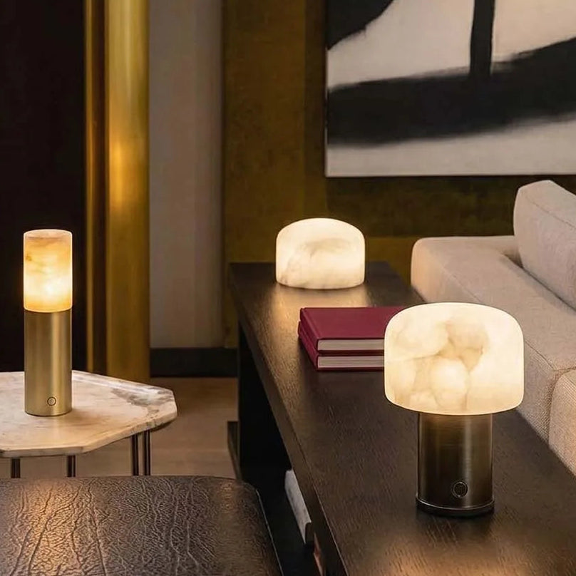 RoyaleGlow Alabaster Cordless Lamp - Modern Aluminum LED USB Rechargeable Table Lamp