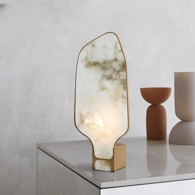 LuxRoyale Modern Alabaster Accent Lamp with Brass Base - Natural Stone Table Lamp