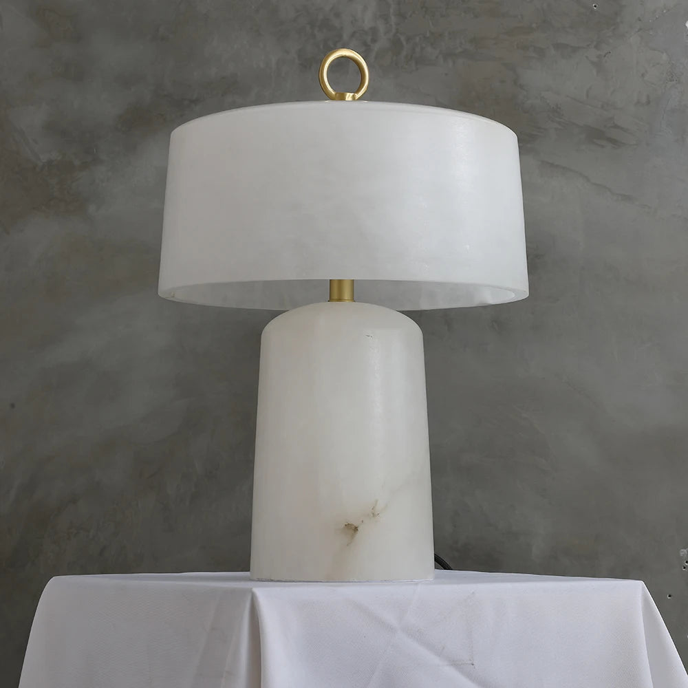 LuxRoyale Alabaster & Brass LED Table Lamp with Drum Shade & Ring Finial