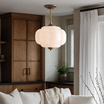 Royelux Vintage Milk Glass Semi-Flush Mount Pendant Light with Brass Accents