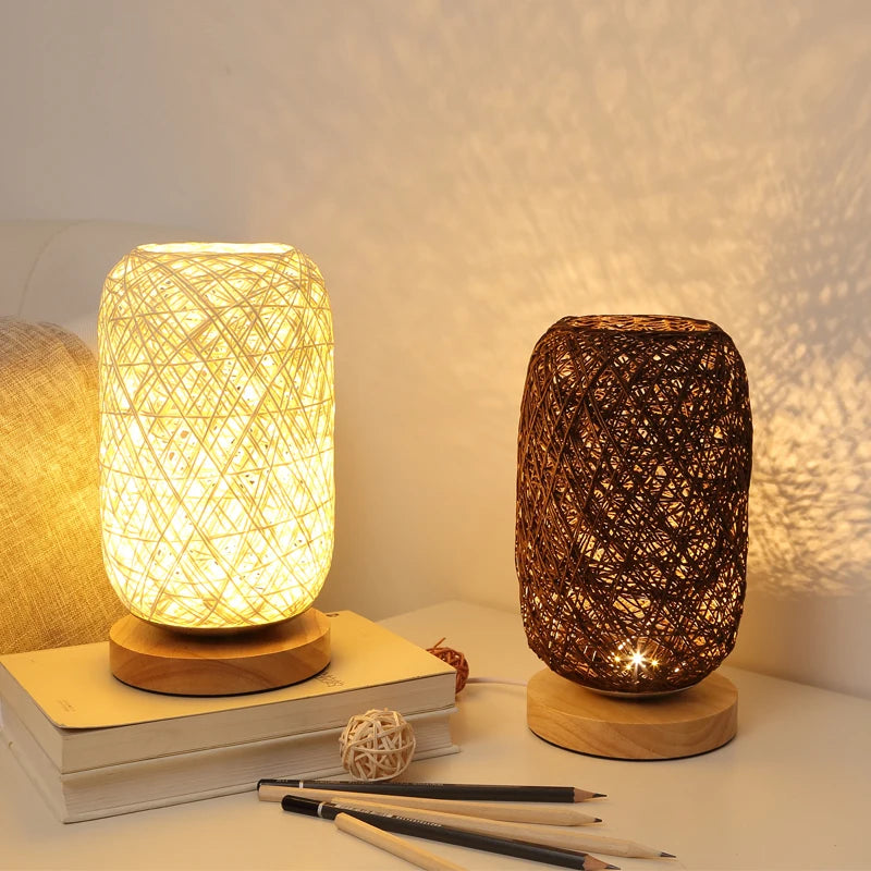 Beautiful dimmable Rattan Ball Table Lamp with a wooden base, perfect for bedroom, living room, or bedside decor.