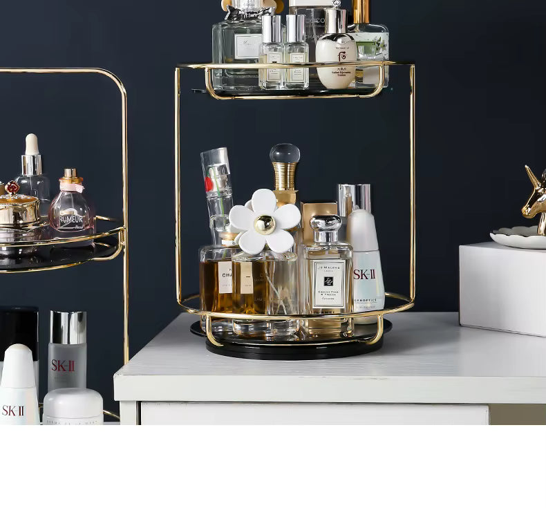 LuxRoyale 2-Tier 360 Rotating Gold Vanity Organizer for Perfume & Cosmetics