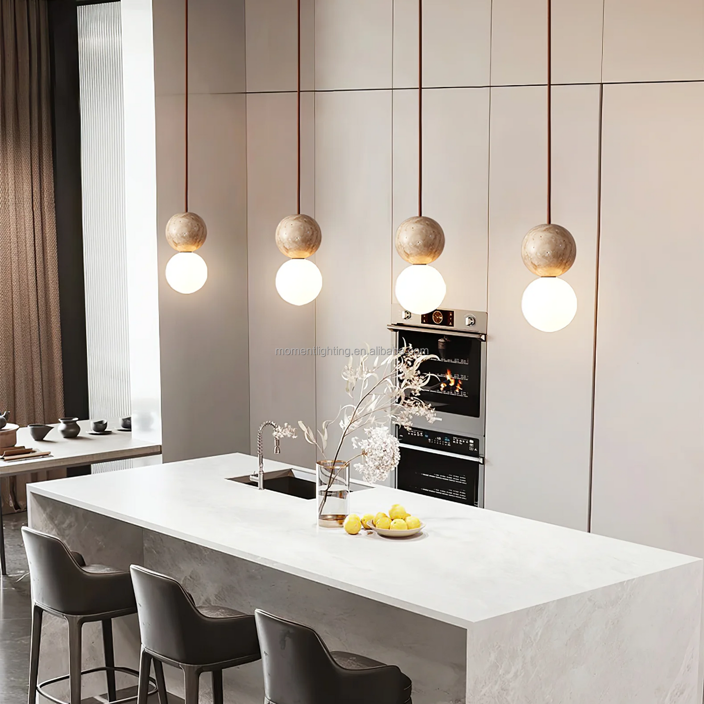 RoyaleGlow Minimalist Opal Glass Pendant Light with Yellow Travertine