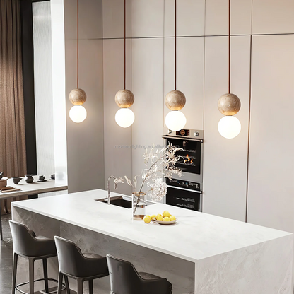 RoyaleGlow Minimalist Opal Glass Pendant Light with Yellow Travertine