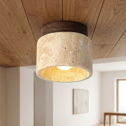 RoyaleGlow Japandi Travertine Wood LED Flush Mount Ceiling Light - Modern Minimalist