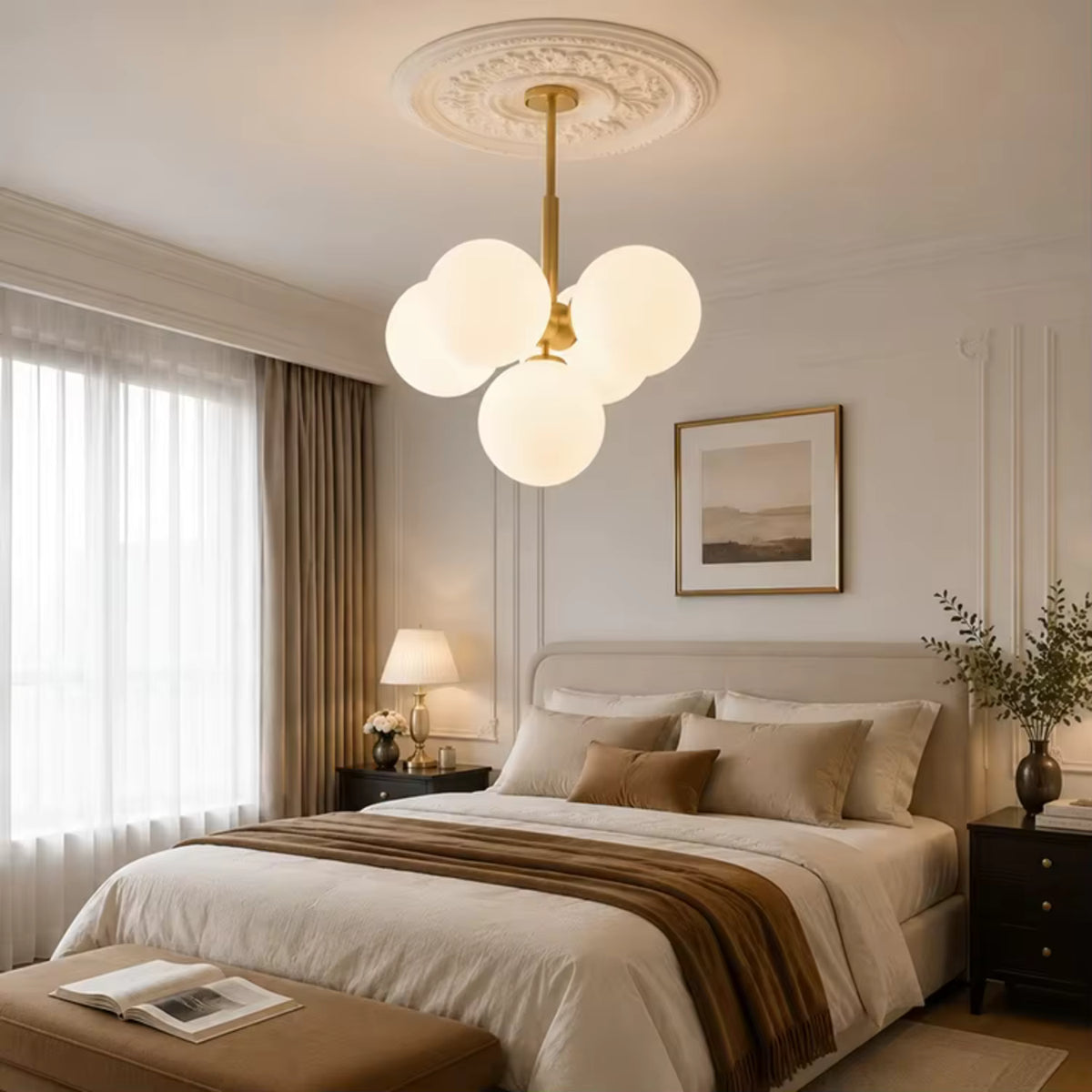 Royelux Modern Brass Globe Chandelier - Frosted Glass Hanging Ceiling Light Fixture