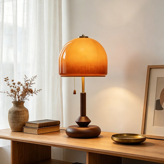 RoyaleGlow Mid-Century Modern Wood Table Lamp with Amber Dome Shade