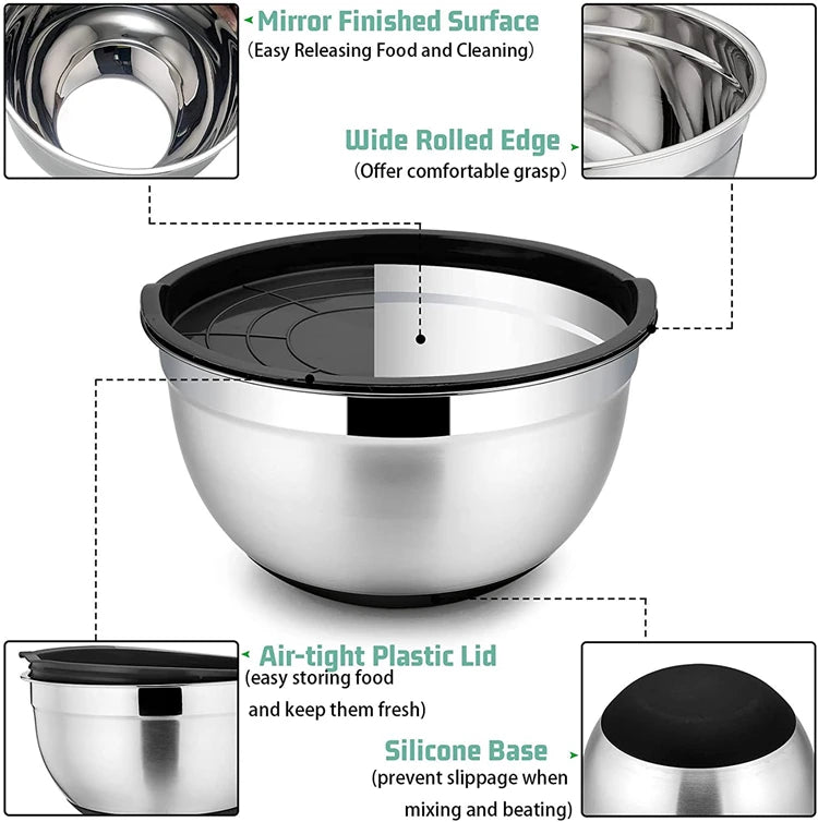 Rayvia Professional Stainless Steel Mixing Bowl Set with Airtight Lids & Graters