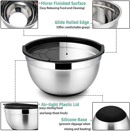 Rayvia Professional Stainless Steel Mixing Bowl Set with Airtight Lids & Graters