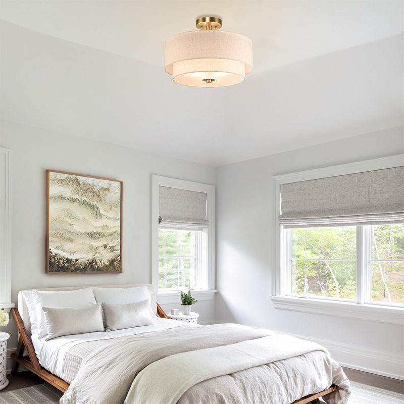 RoyaleGlow Modern Double-Tier Fabric Drum Flush Mount Ceiling Light