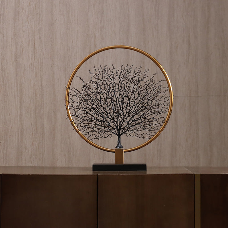 RoyaleGlow Vintage Style Tabletop Tree Sculpture - Gold Ring & Metal Silhouette Art