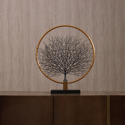RoyaleGlow Vintage Style Tabletop Tree Sculpture - Gold Ring & Metal Silhouette Art