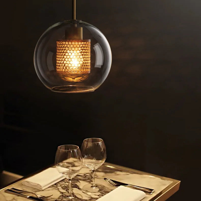 LuxRoyale Double-Layer Glass Pendant Light With Inner Mesh Core and Outer Glass Shade