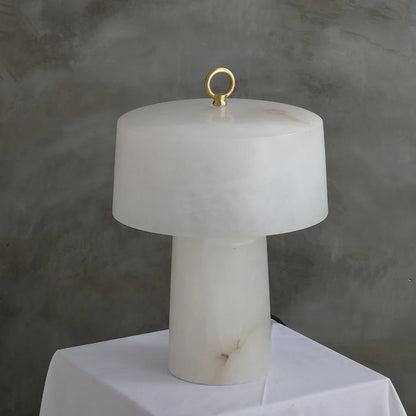 LuxRoyale Alabaster & Brass LED Table Lamp with Drum Shade & Ring Finial