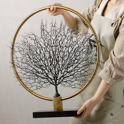 RoyaleGlow Vintage Style Tabletop Tree Sculpture - Gold Ring & Metal Silhouette Art