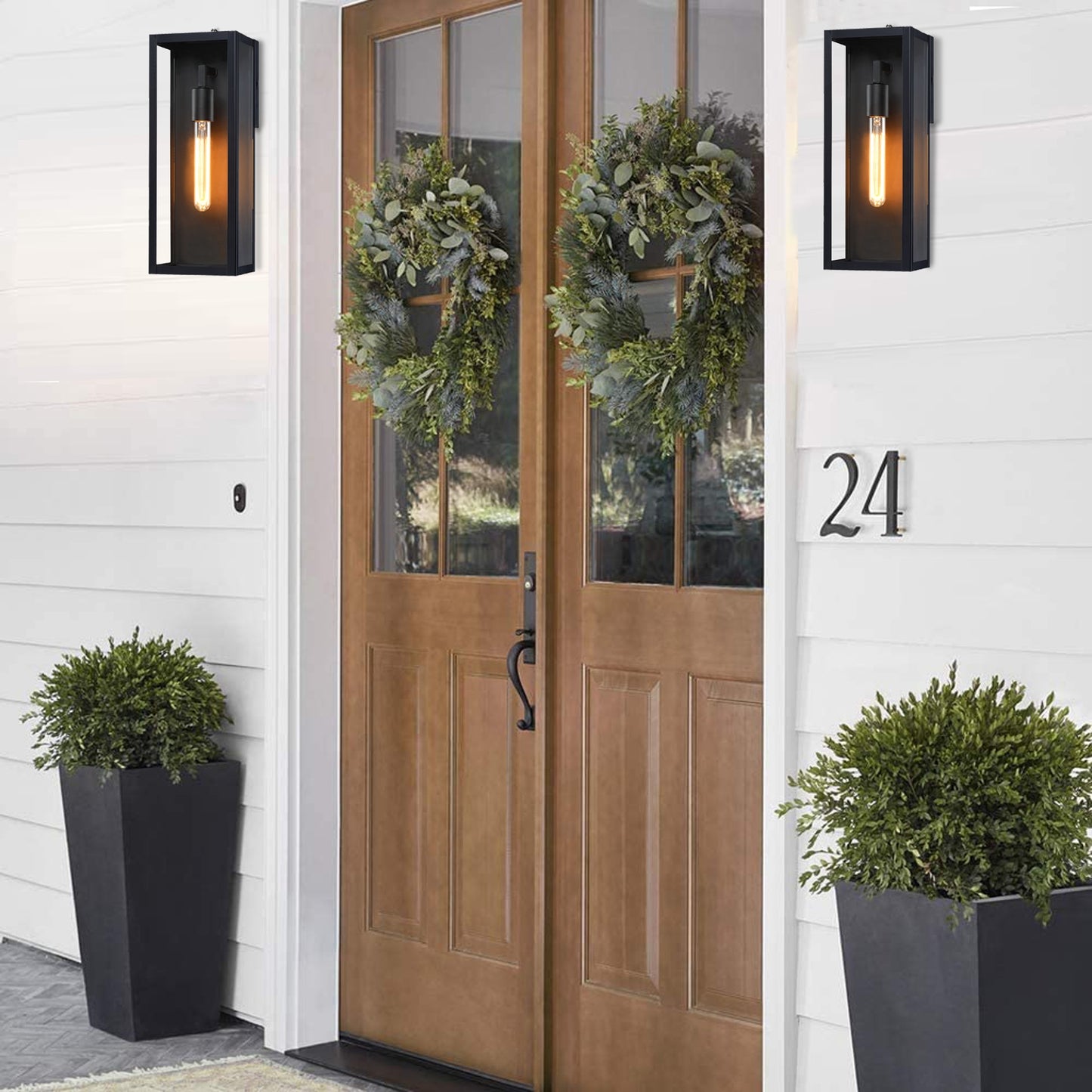 Royelux Modern Black Outdoor Wall Lantern with Clear Glass, Auto Dusk to Dawn Wall Sconce