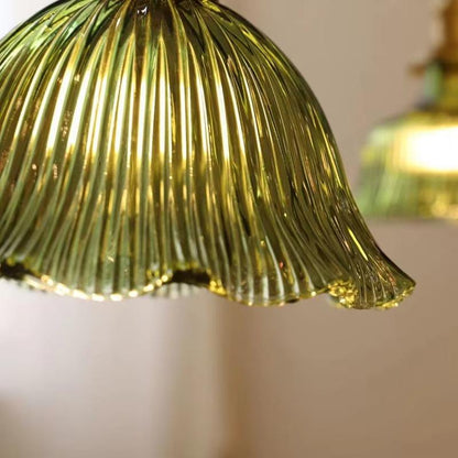 RoyaleGlow Green Ribbed Glass Pendant Light - Vintage Brass Hanging Lamp For Kitchen Island