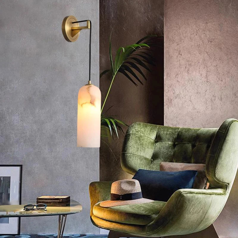 RoyaleGlow Modern Alabaster Wall Sconce - Brass LED Wall Light for Bedroom & Hallway