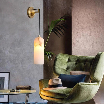 RoyaleGlow Modern Alabaster Wall Sconce - Brass LED Wall Light for Bedroom & Hallway